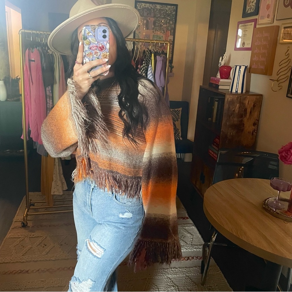 Zara Orange Brown Striped Fringe Sweater - Picture 12 of 13